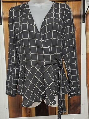 Michael Kors Black Windowpane Blouse with Gold Link Detail